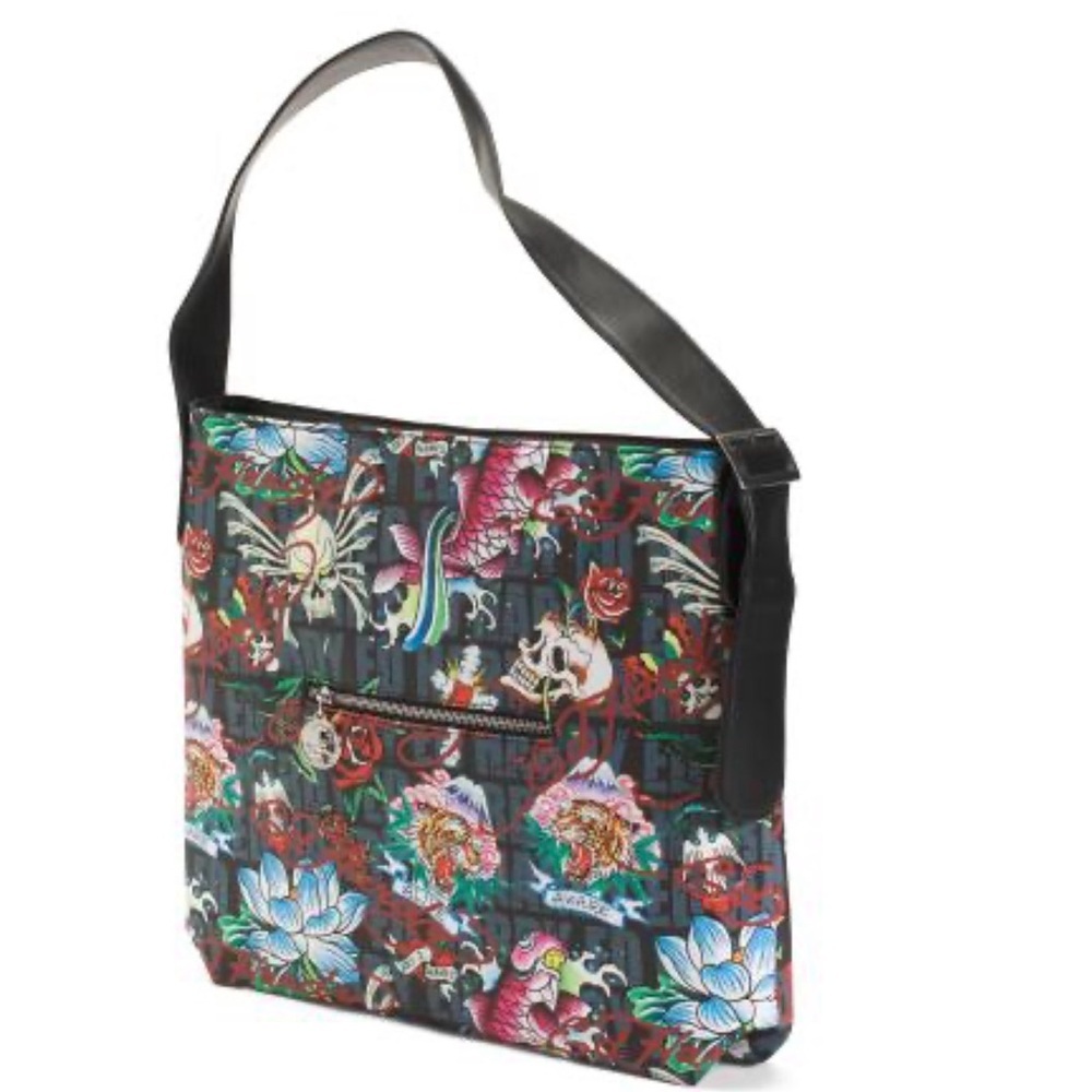 NWT Ed Hardy Black Floral Tattoo Print Shoulder Bag with Pouch - Picture 6 of 7